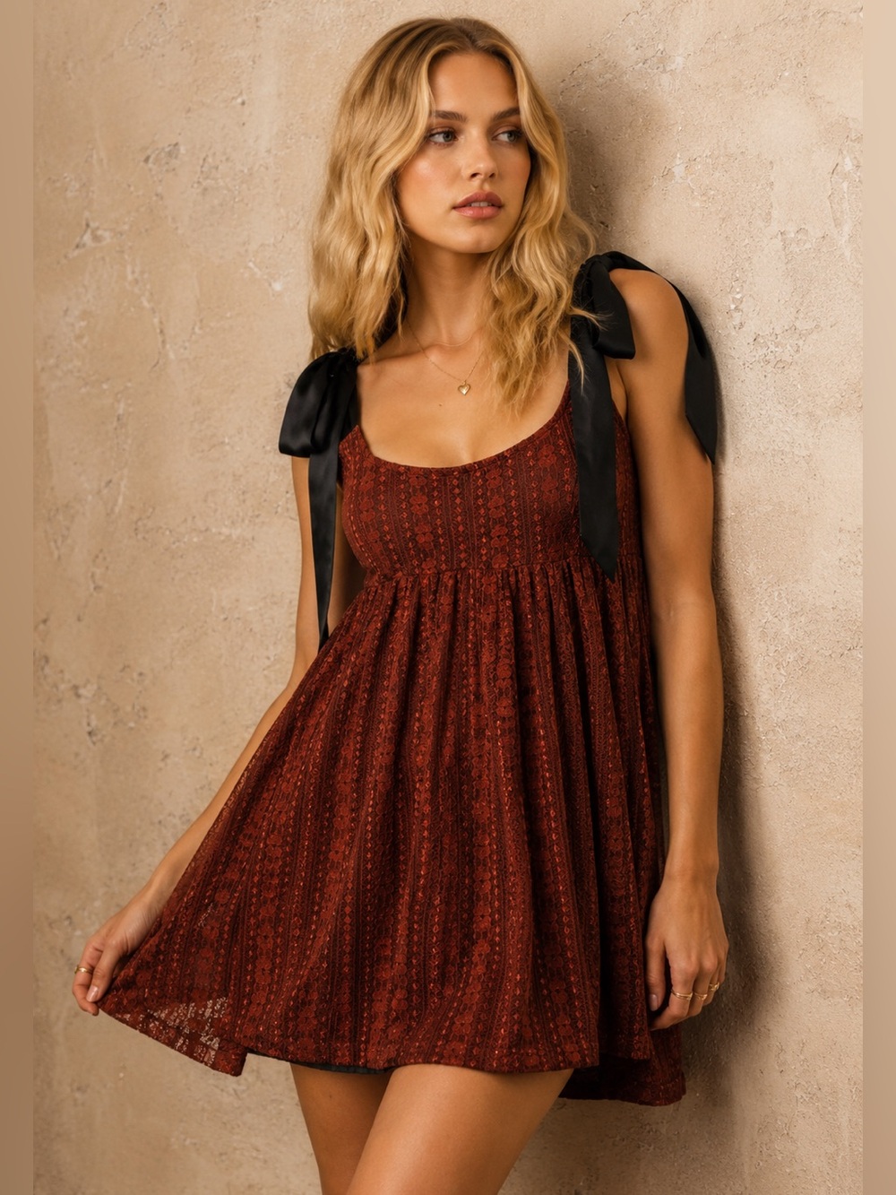 Urban Outfitters Stella Lace Babydoll Mini Dress Rust Brown XS